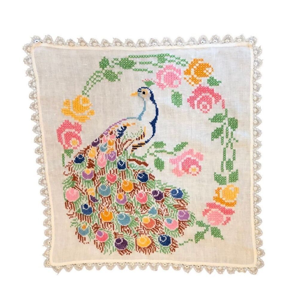 Vintage Peacock Embroidered Tapestry Art Cloth Panel